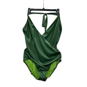 J. Crew Halter Neckline Green Front Wrap Low Back One Piece Bathing Suit 16 NWOT